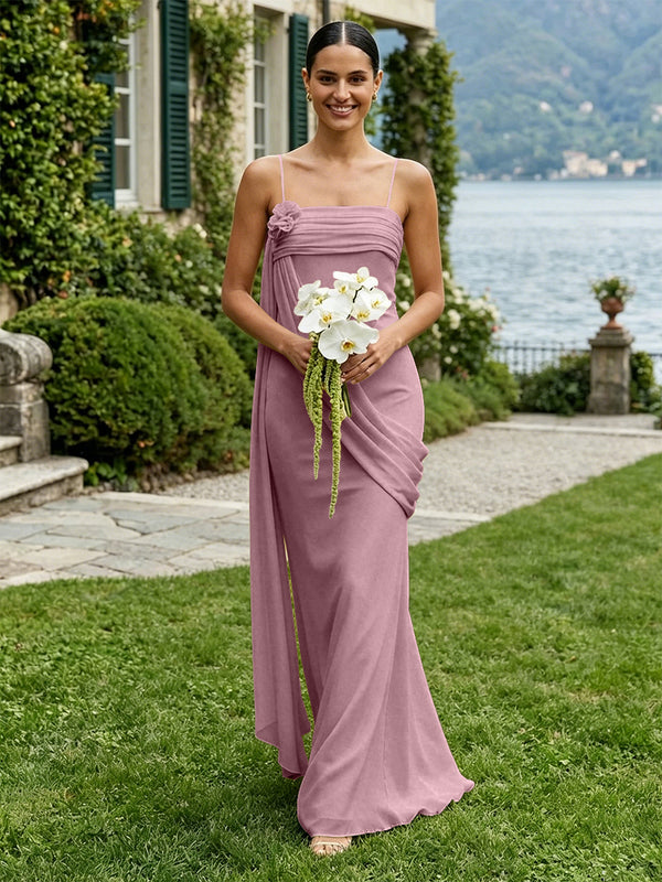 Chiffon Square Neck Ruched Spaghetti Straps Pleated Bridesmaid Dresses