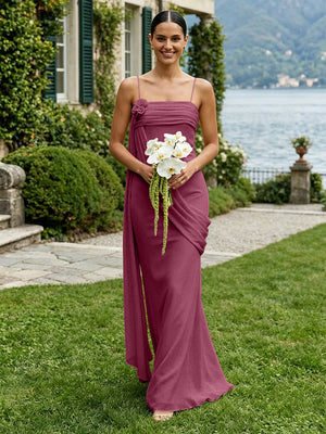 Chiffon Square Neck Ruched Spaghetti Straps Pleated Bridesmaid Dresses