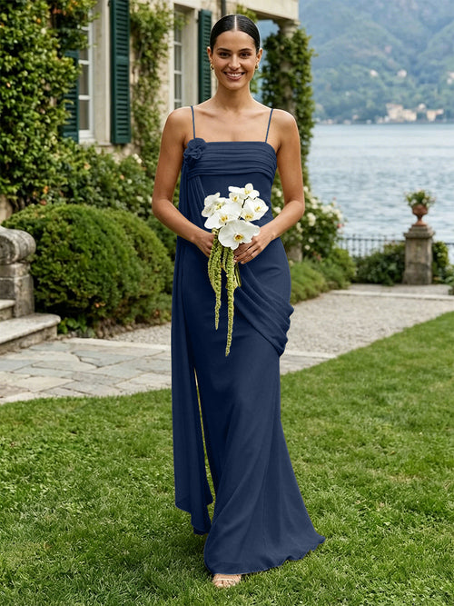 Chiffon Square Neck Ruched Spaghetti Straps Pleated Bridesmaid Dresses