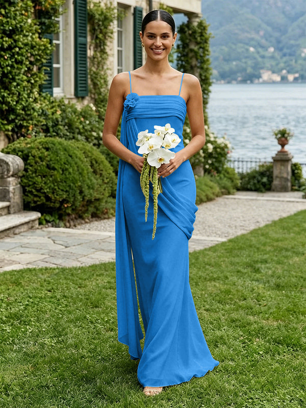 Chiffon Square Neck Ruched Spaghetti Straps Pleated Bridesmaid Dresses