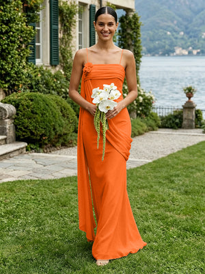 Chiffon Square Neck Ruched Spaghetti Straps Pleated Bridesmaid Dresses