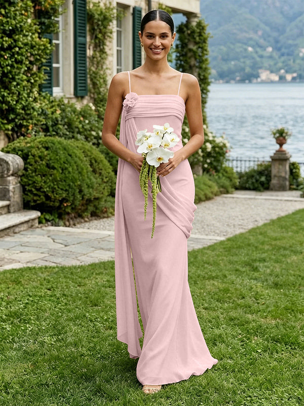 Chiffon Square Neck Ruched Spaghetti Straps Pleated Bridesmaid Dresses