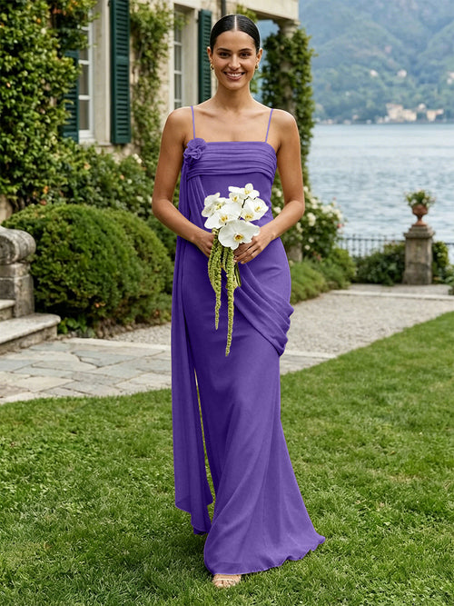 Chiffon Square Neck Ruched Spaghetti Straps Pleated Bridesmaid Dresses