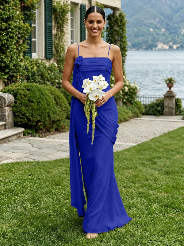 Chiffon Square Neck Ruched Spaghetti Straps Pleated Bridesmaid Dresses