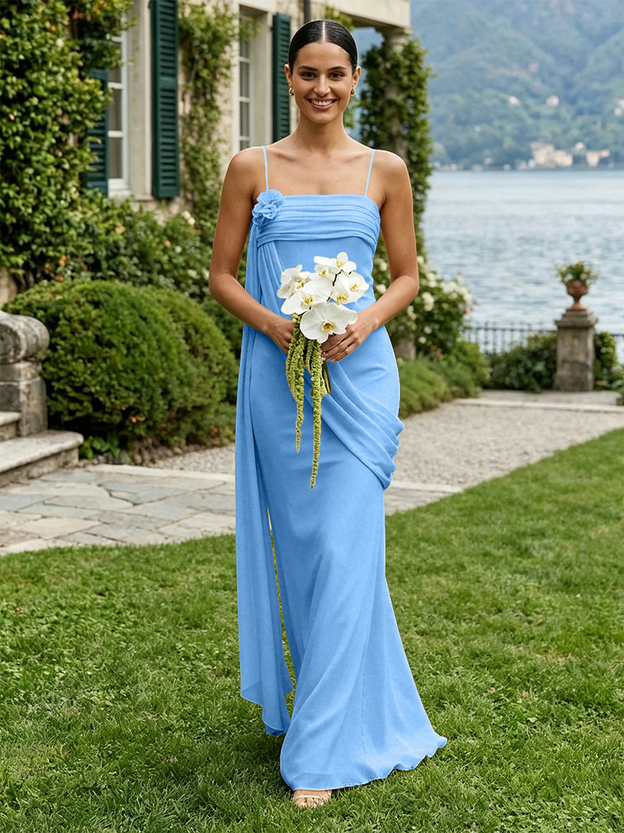 Chiffon Square Neck Ruched Spaghetti Straps Pleated Bridesmaid Dresses