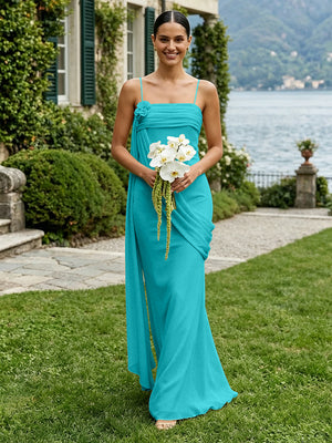Chiffon Square Neck Ruched Spaghetti Straps Pleated Bridesmaid Dresses