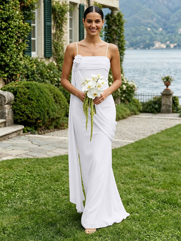 Chiffon Square Neck Ruched Spaghetti Straps Pleated Bridesmaid Dresses