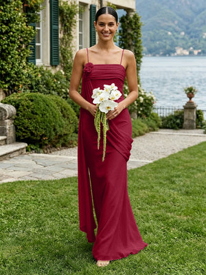 Chiffon Square Neck Ruched Spaghetti Straps Pleated Bridesmaid Dresses