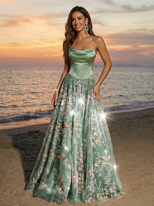 Tulle Sequin Strapless Long Evening Dresses with Floral Embroidery