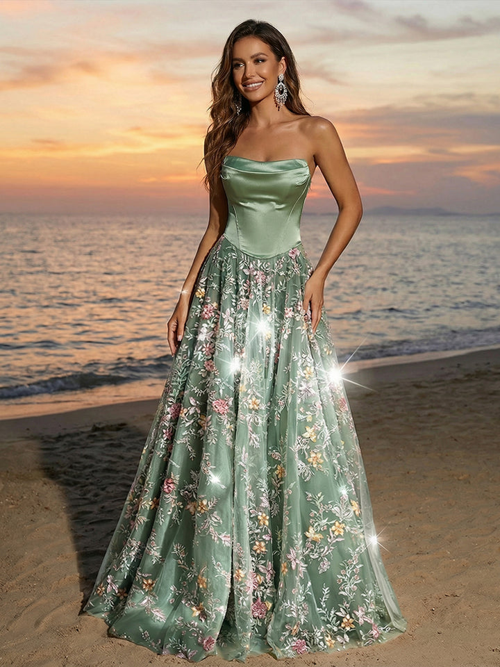Tulle Sequin Strapless Long Evening Dresses with Floral Embroidery