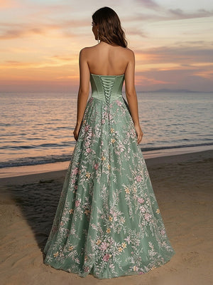 Tulle Sequin Strapless Long Evening Dresses with Floral Embroidery