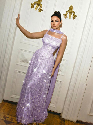 Sequin Beading Spaghetti Straps Long Evening Dresses with Scarf