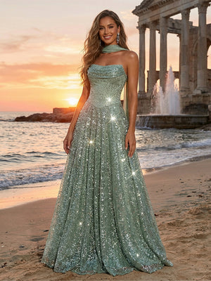 Sequin Tulle Strapless Long Evening Dresses with Scarf