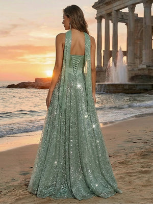 Sequin Tulle Strapless Long Evening Dresses with Scarf