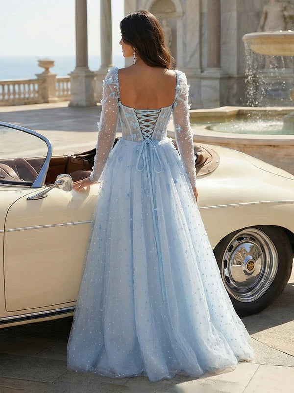 Tulle Sequin Long Sleeves Evening Dresses with 3D Floral Appliques