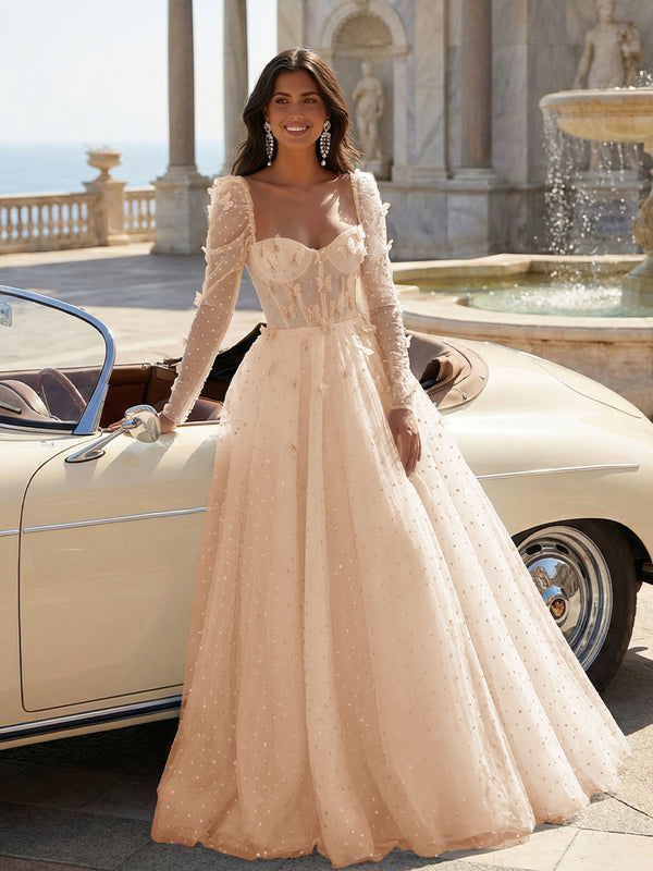 Tulle Sequin Long Sleeves Evening Dresses with 3D Floral Appliques