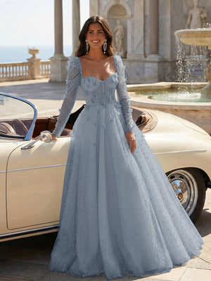 Tulle Sequin Long Sleeves Evening Dresses with 3D Floral Appliques