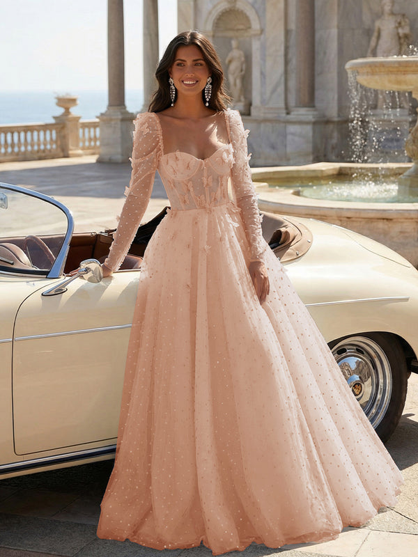 Tulle Sequin Long Sleeves Evening Dresses with 3D Floral Appliques