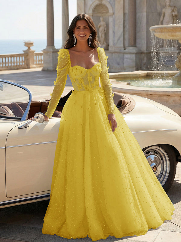 Tulle Sequin Long Sleeves Evening Dresses with 3D Floral Appliques