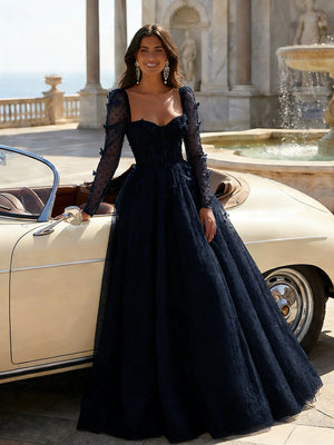 Tulle Sequin Long Sleeves Evening Dresses with 3D Floral Appliques