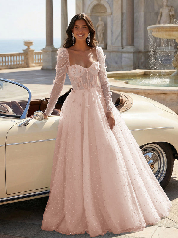 Tulle Sequin Long Sleeves Evening Dresses with 3D Floral Appliques