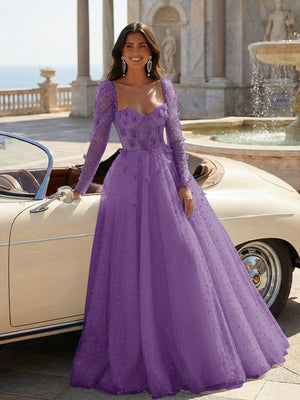 Tulle Sequin Long Sleeves Evening Dresses with 3D Floral Appliques
