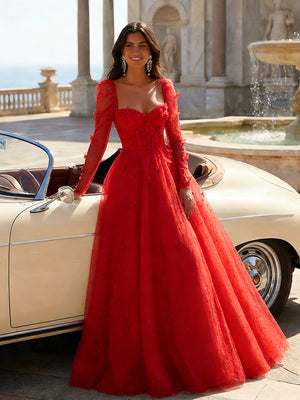 Tulle Sequin Long Sleeves Evening Dresses with 3D Floral Appliques