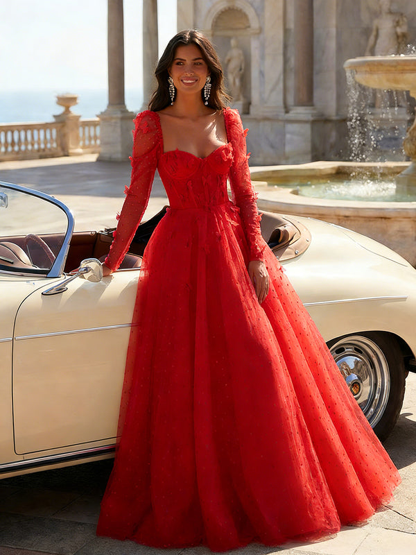 Tulle Sequin Long Sleeves Evening Dresses with 3D Floral Appliques