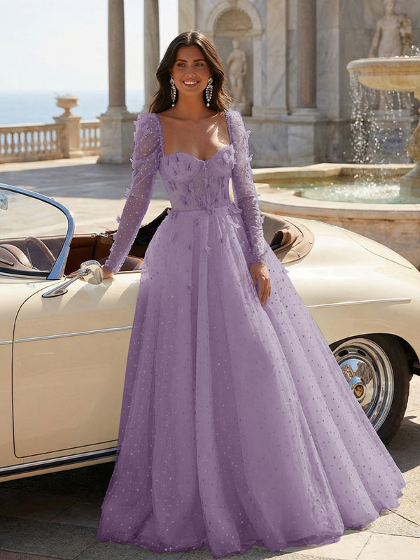 Tulle Sequin Long Sleeves Evening Dresses with 3D Floral Appliques