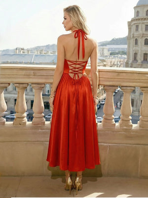 Satin Halter Evening Dresses Midi Length Formal Gowns with Back Tie