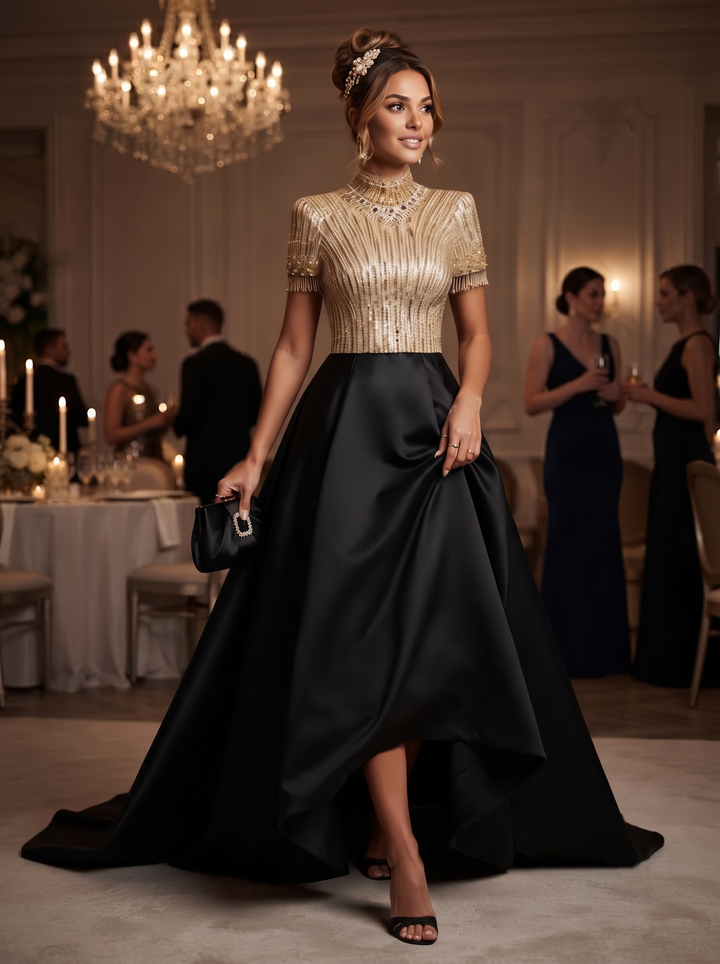 Satin Sequin Evening Dresses with Beadings