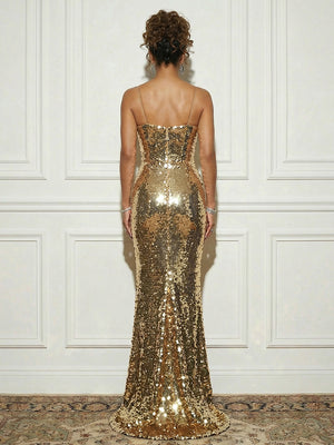 Sequin Deep V Neck Evening Dresses with Slit