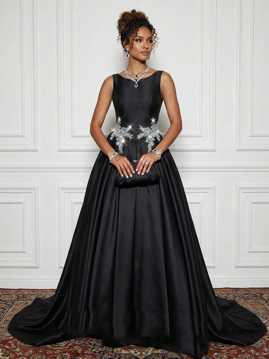 Satin Boat Neck Evening Dresses with Crystal Floral Appliques