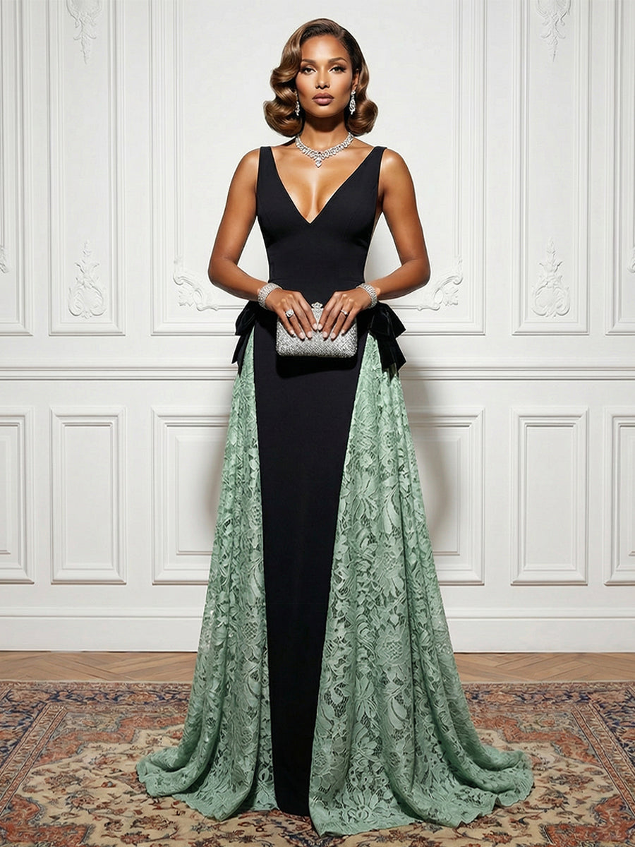 Satin Lace Deep V Neck Evening Dresses with Bow