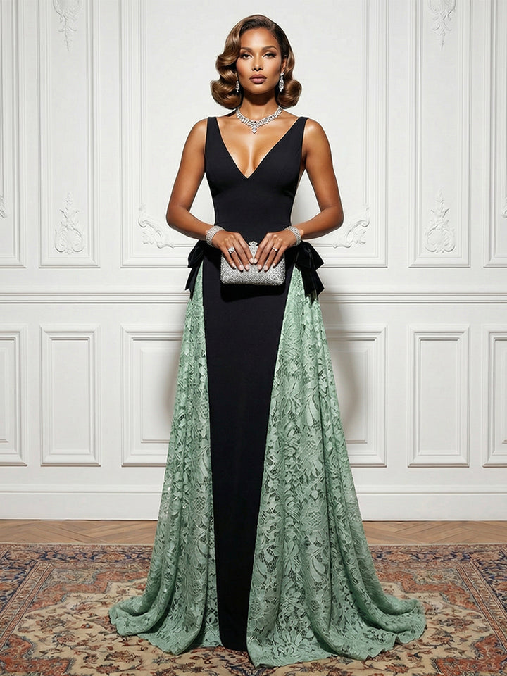 Satin Lace Deep V Neck Evening Dresses with Bow