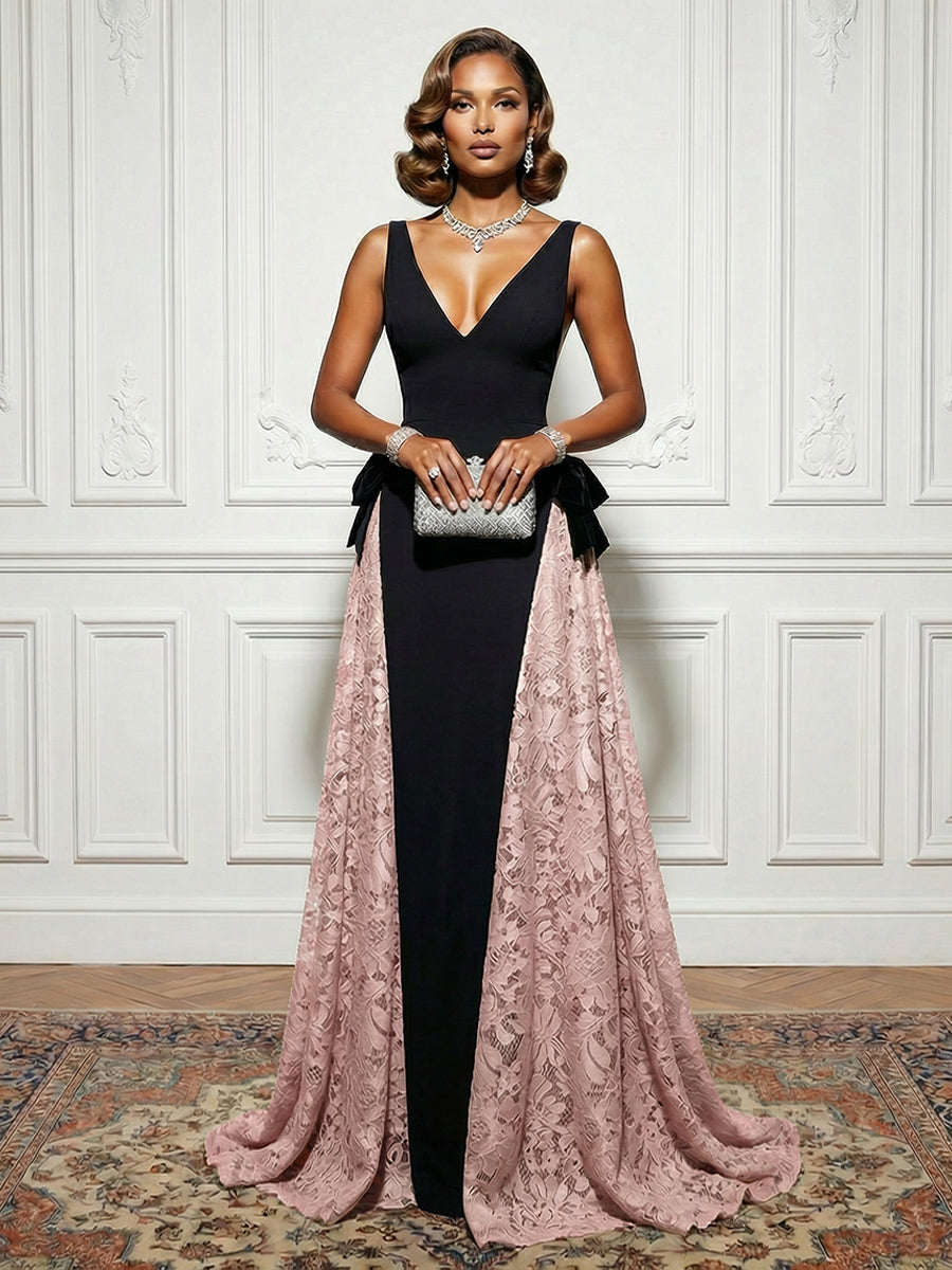 Satin Lace Deep V Neck Evening Dresses with Bow