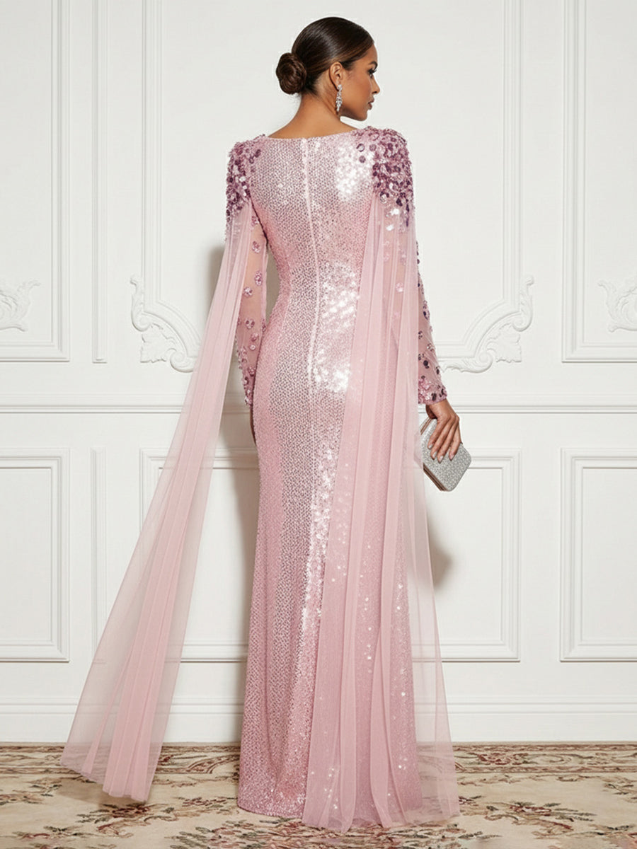 Sequin Sheer Tulle Drape Sleeves Mermaid Evening Dresses