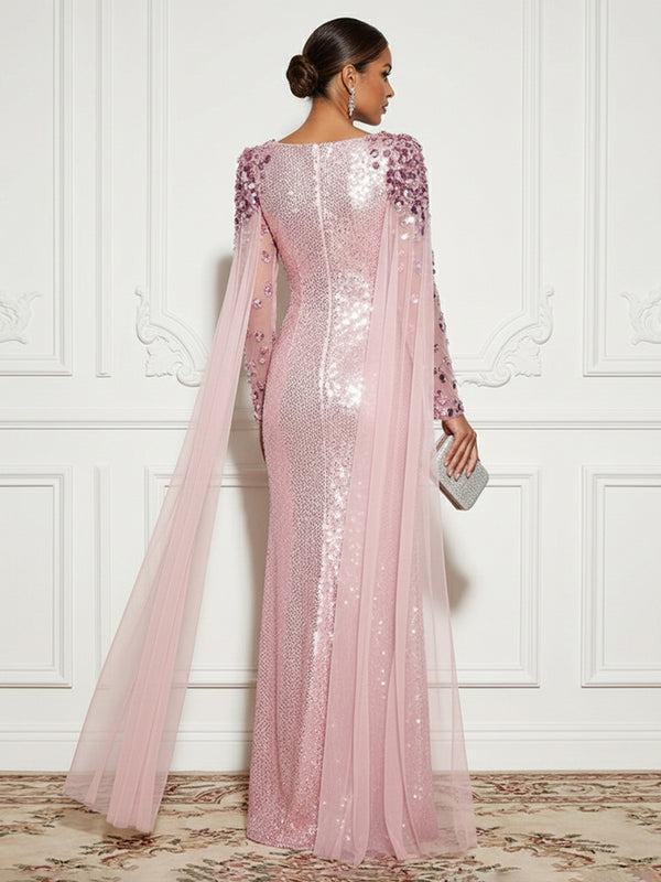 Sequin Sheer Tulle Drape Sleeves Mermaid Evening Dresses