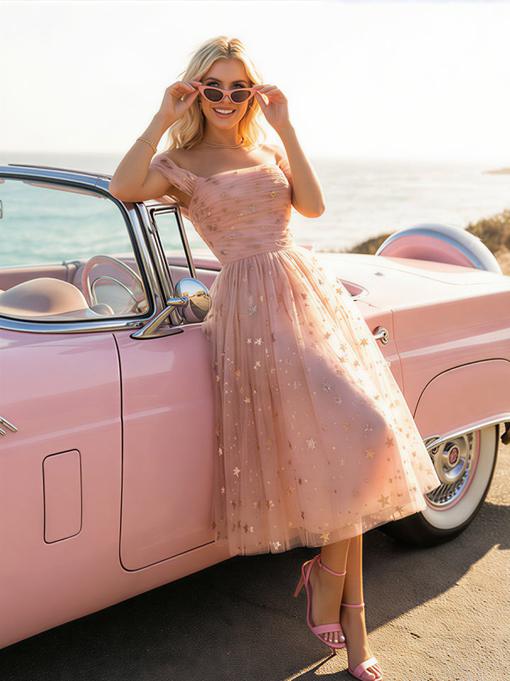 Tulle Sequin Off Shoulder A Line Formal Dresses