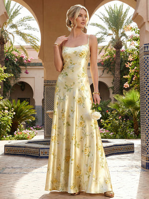 Satin Floral Spaghetti Straps A Line Maxi Evening Dresses