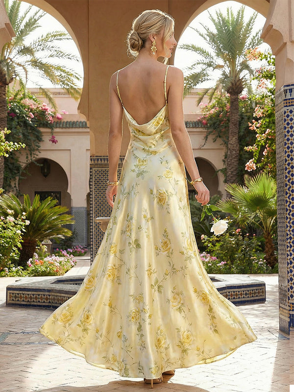 Satin Floral Spaghetti Straps A Line Maxi Evening Dresses