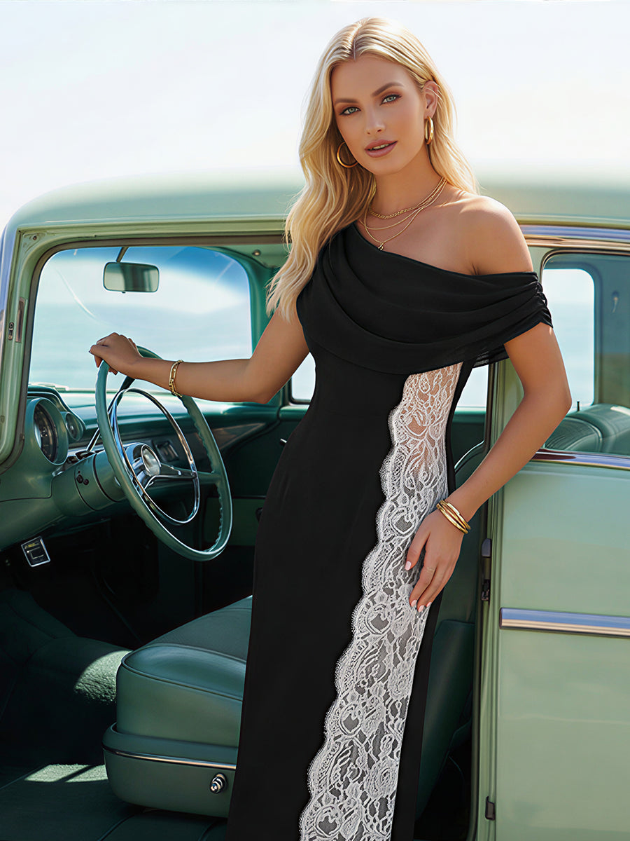 Lace Satin Off Shoulder Mermaid Maxi Formal Dresses