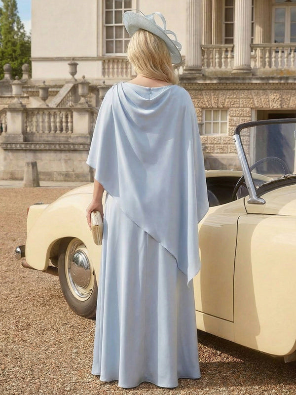 Satin Cape Sleeves Cowl Neck Maxi Evening Dresses