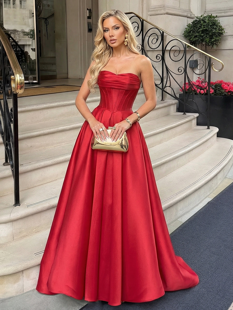 Satin Strapless Evening Dresses Corset Pleated Maxi Formal Gowns