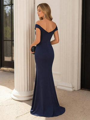 Chiffon Off the Shoulder Corset Pleated Maxi Evening Dresses with Slit