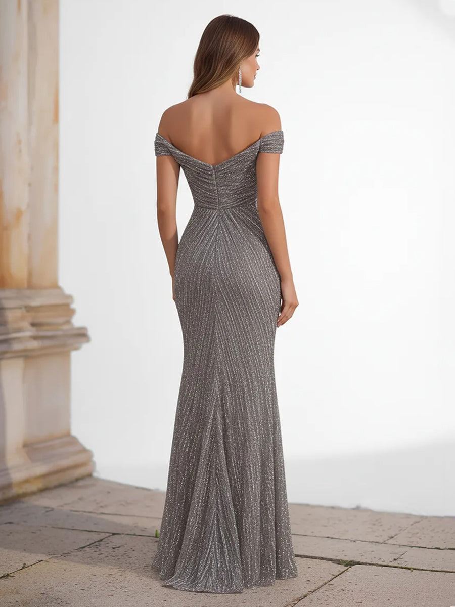 Glitter Tulle Off the Shoulder Pleated Evening Dresses