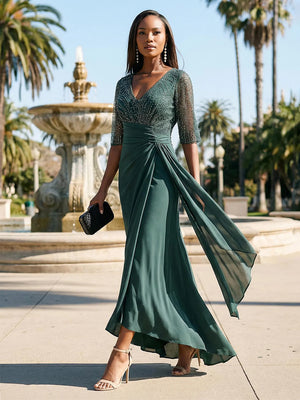 Chiffon Beadings Pleated V Neck Evening Dresses