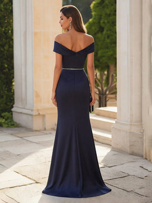 Satin Off the Shoulder Pleated Evening Dresses