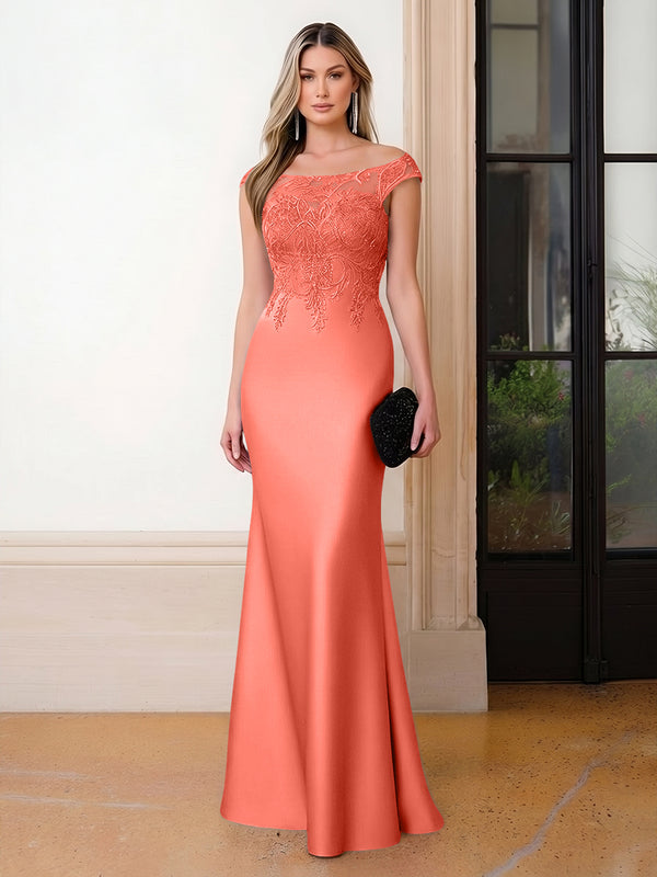 Scoop Neck Satin Corset Lace Appliques Evening Dresses