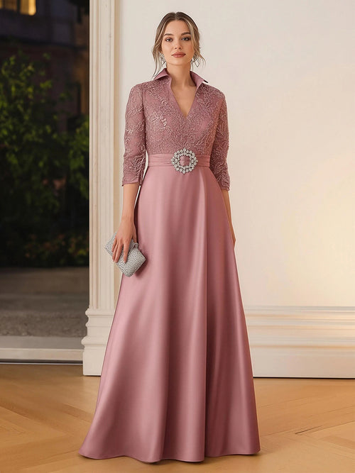 Satin Lace Appliques V Neck Long Sleeves Evening Dresses